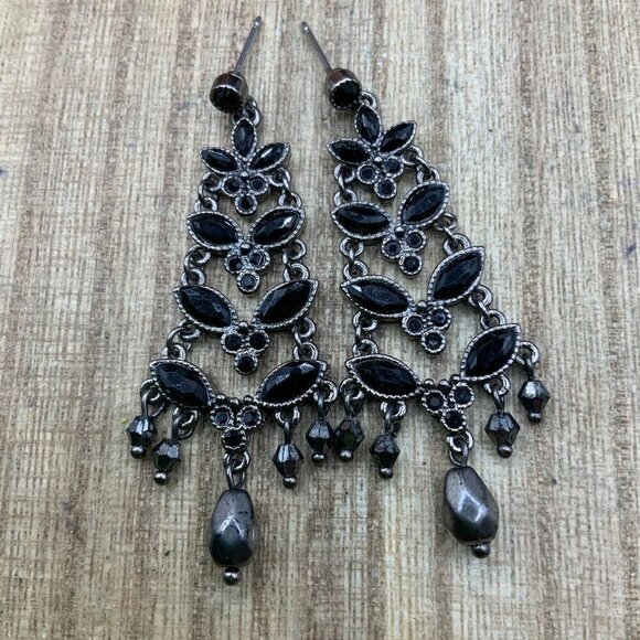 Monet Black Rhinestone Silver Tone Chandelier Beaded Stud Earrings - Picture 1 of 8